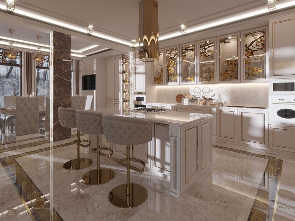 Bộ bàn ăn gỗ tự nhiên với đường cong mềm mại thể hiện đậm nét phong cách Tân cổ điển