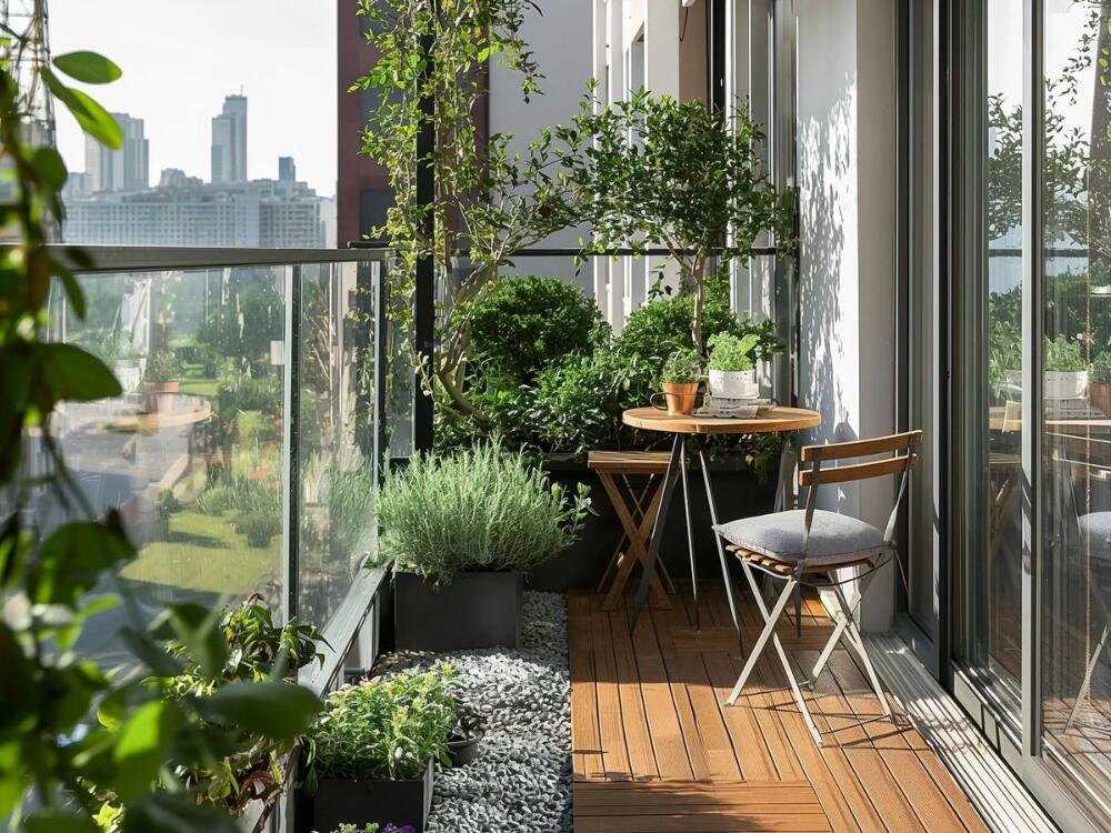 Chậu cây có đĩa hứng và hệ thống tưới nhỏ giọt giúp kiểm soát lượng nước hợp lý cho ban công