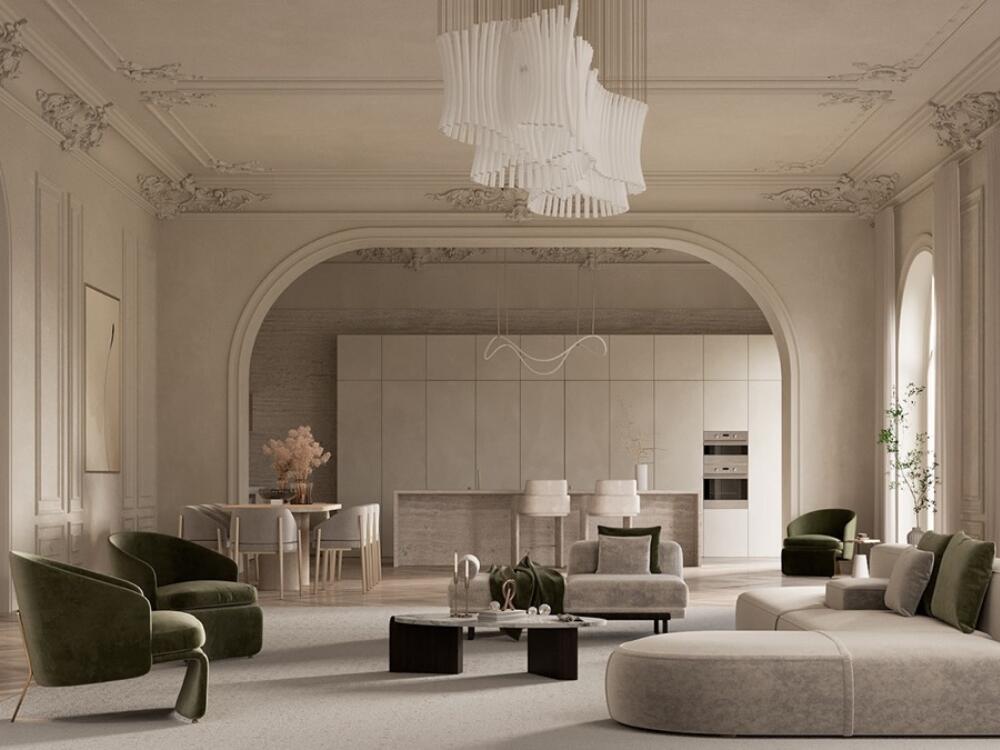 Chi tiết phào chỉ và đèn chùm mang lại sự tinh tế và điểm nhấn thẩm mỹ cho không gian