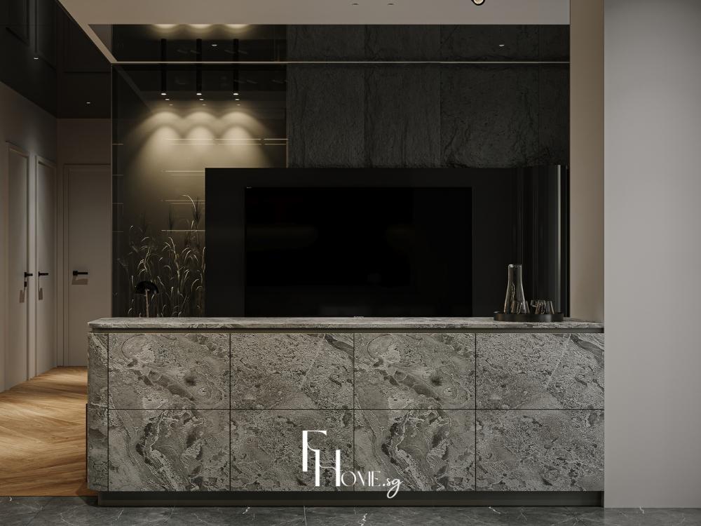 Đảo bếp ốp đá xám sang trọng, tạo điểm nhấn hiện đại cho không gian
