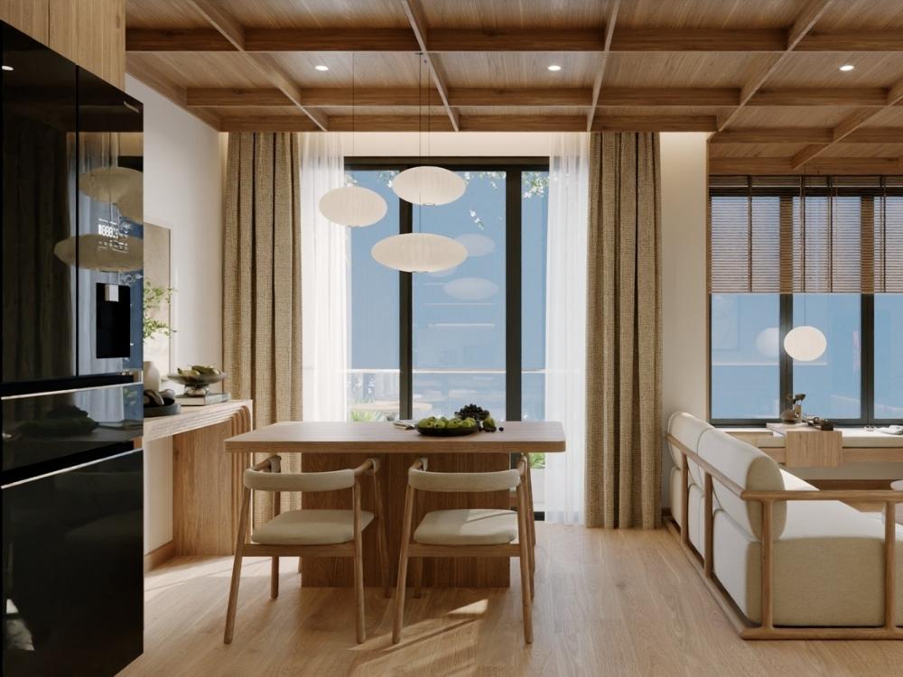 Gian bếp chung cư 2PN dự án Vinhomes Grand Park được thiết kế nhìn ra không gian Logia thoáng đãng