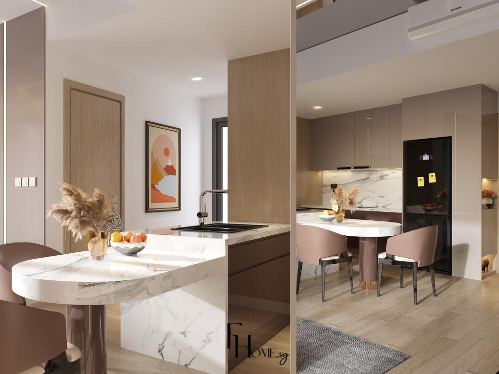 Gian bếp chung cư Lumiere Boulevard thiết kế bếp đảo liên với bàn ăn