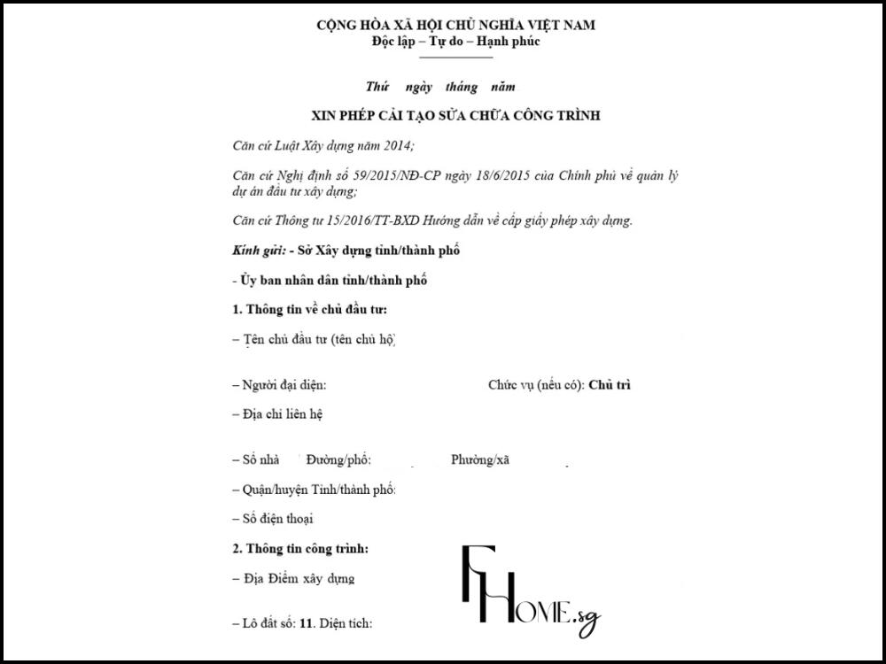 Mẫu giấy tờ xin phép cải tạo sửa chữa công trình
