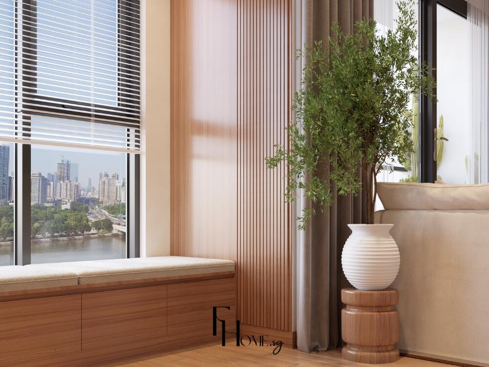 Góc thư giãn Japandi gần cửa sổ thoáng sáng mang cảm giác yên bình và cân bằng