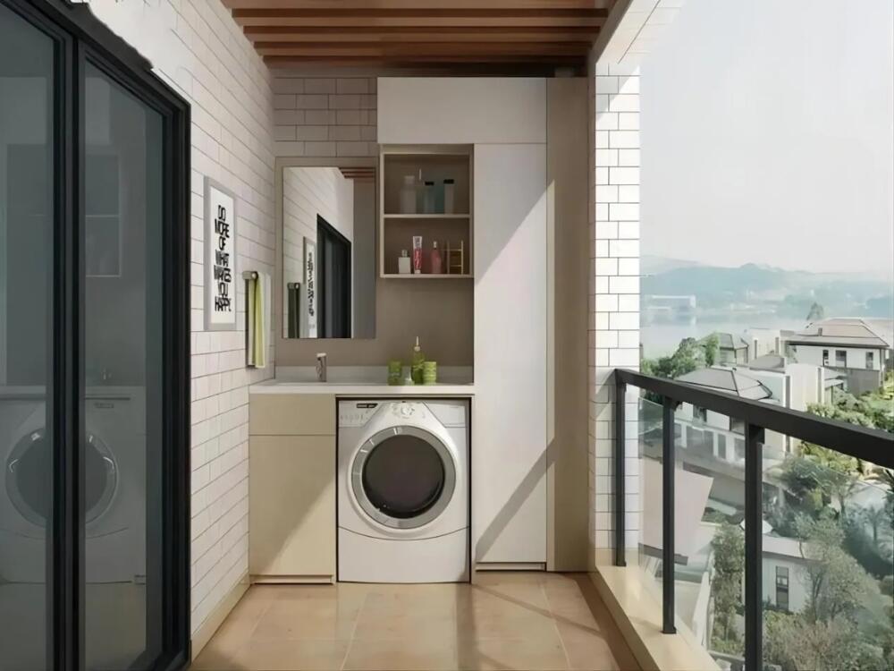 Hệ tủ che máy giặt kết hợp kệ trang trí mang lại vẻ đẹp hài hòa và tiện nghi cho ban công