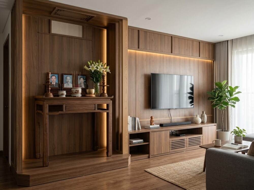 Hệ tường gỗ phân vùng bàn thờ và kệ tivi trong phòng khách chung cư, phối cảnh 3D FHome Sài Gòn