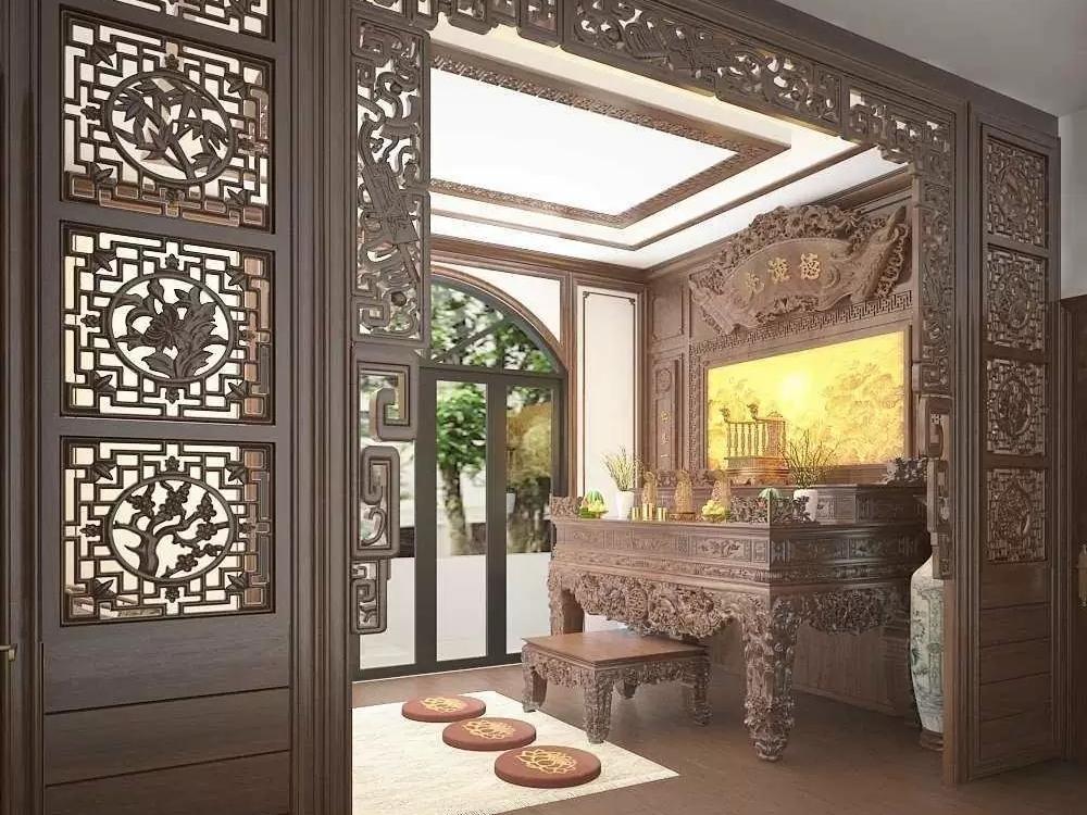 Họa tiết hoa sen và vân mây trên vách ngăn tạo điểm nhấn thẩm mỹ và ý nghĩa phong thủy