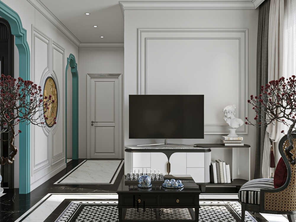 Kệ tivi bố trí trong không gian mở kết nối liền mạch giữa các khu vực vẫn giữ sự riêng tư hài hòa