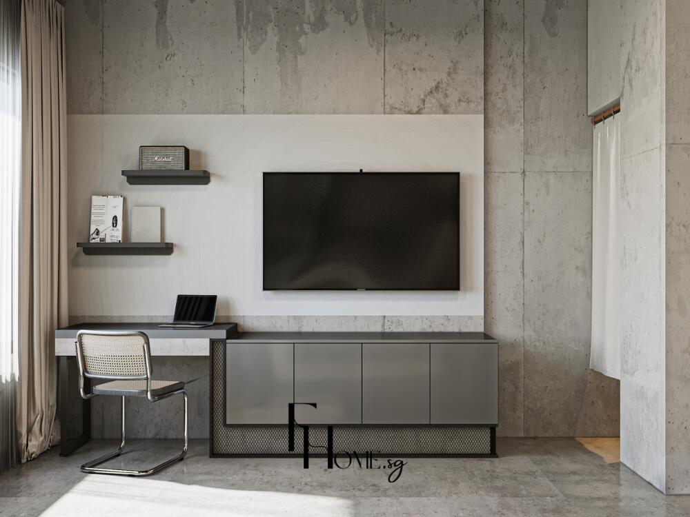 Kệ tivi gạch thô và kim loại tối màu giữ vẻ nguyên bản đậm chất Brutalism hiện đại