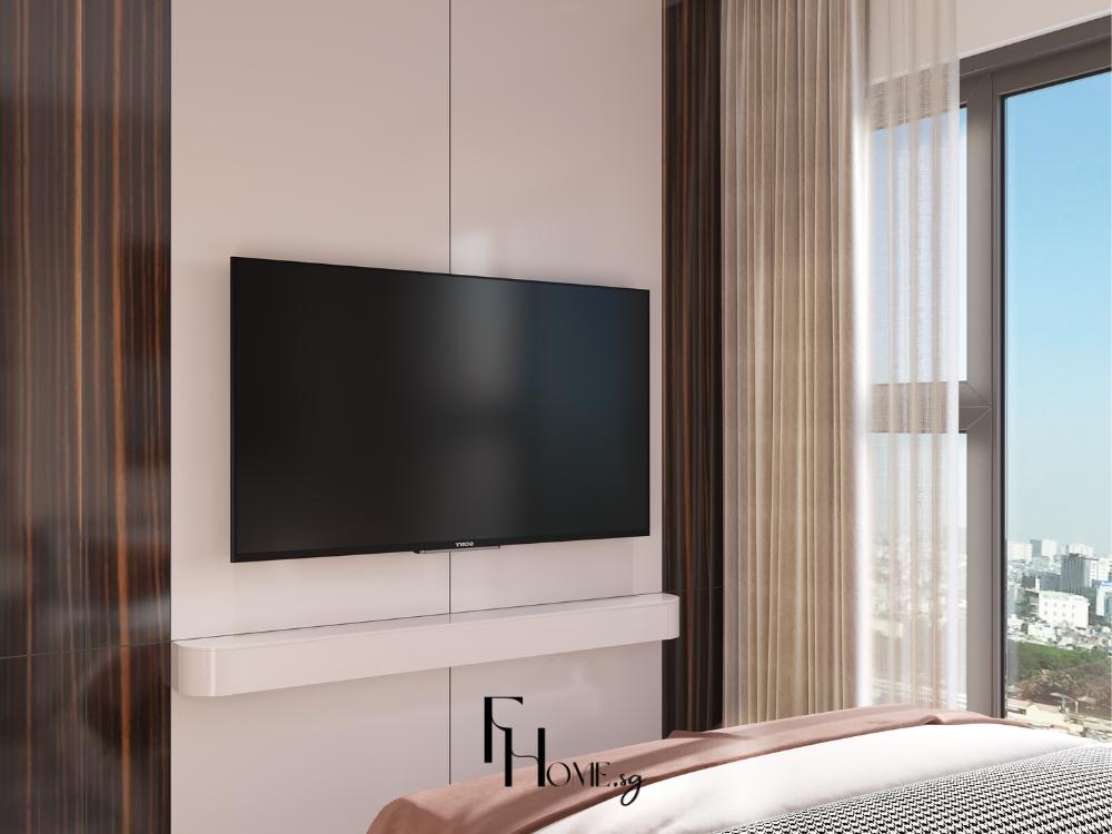 Kệ tivi hiện đại bố trí gần cửa kính lớn giúp tận dụng ánh sáng tự nhiên lan tỏa không gian