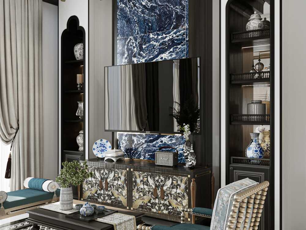 Kệ tivi nổi bật với đường nét mộc mạc, tinh tế từ gỗ tự nhiên