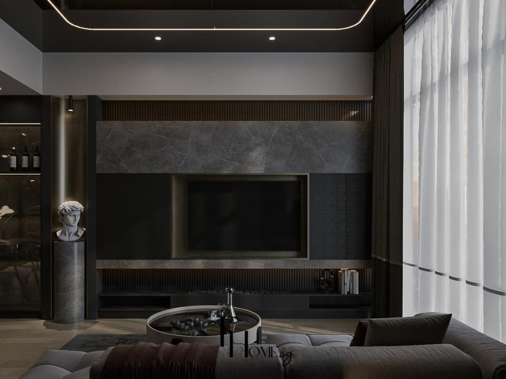 Kệ tivi tinh gọn kết hợp sắc xám và ánh sáng tự nhiên mang lại vẻ sang trọng tinh tế