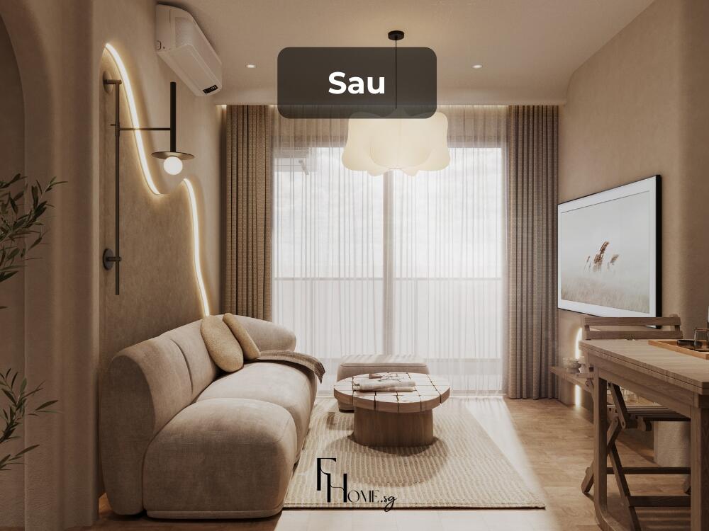 Không gian ấm cúng của phòng khách theo phong cách Wabi Sabi sau khi được cải tạo