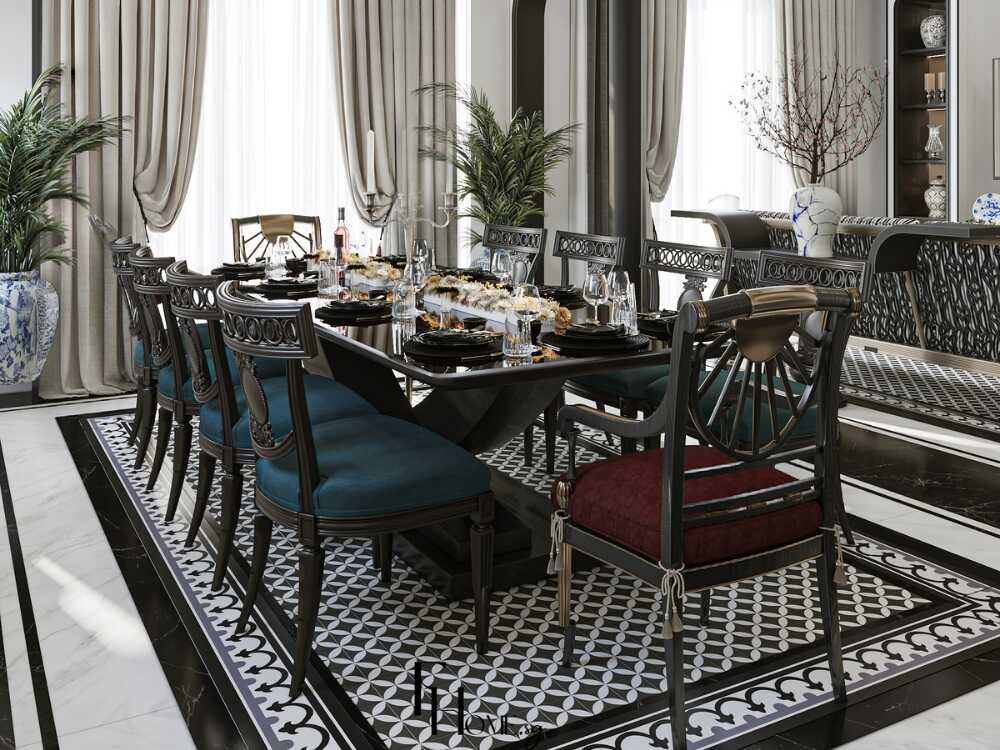 Không gian bàn ăn ấm cúng nổi bật với họa tiết thực vật cách điệu tạo điểm nhấn nghệ thuật