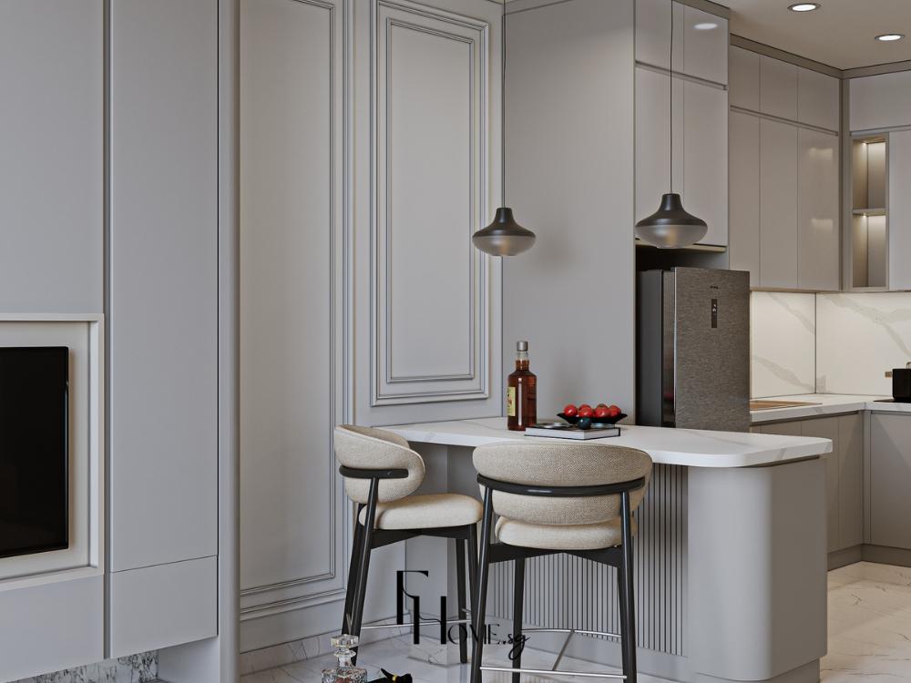 Không gian bàn ăn liên thông với bếp và khách mang lại cảm giác rộng rãi tự nhiên