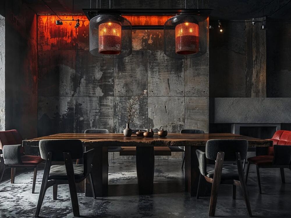 Không gian bàn ăn nổi bật với chi tiết gỗ cũ và thép gỉ sét tôn vinh dấu ấn của thời gian