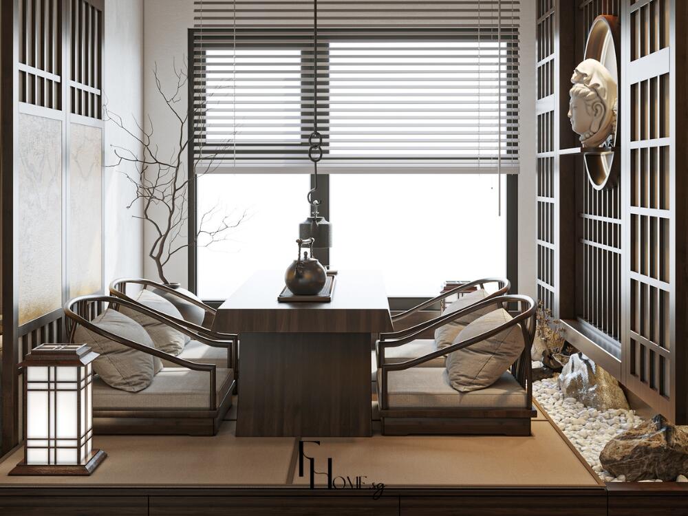 Không gian bàn trà tối giản ngập ánh sáng tự nhiên mang lại cảm giác tĩnh tại và cân bằng