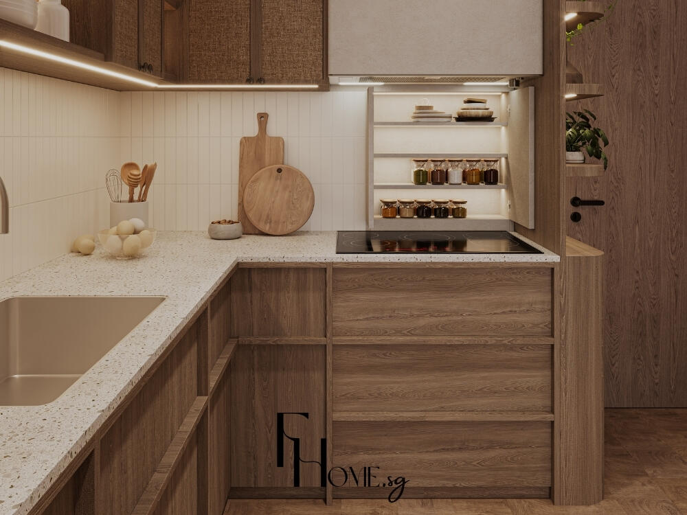 Không gian bếp cân bằng màu sắc và hướng đặt tạo cảm giác thoải mái an yên