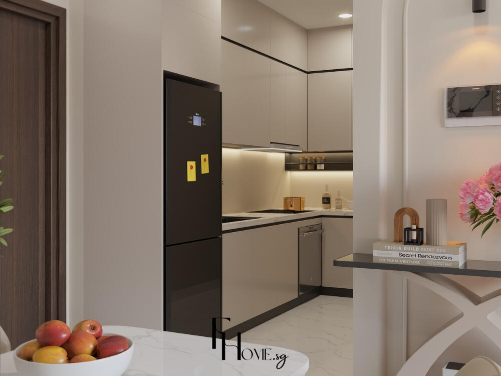 Không gian bếp chữ L gọn gàng linh hoạt mang lại trải nghiệm nấu nướng tiện lợi