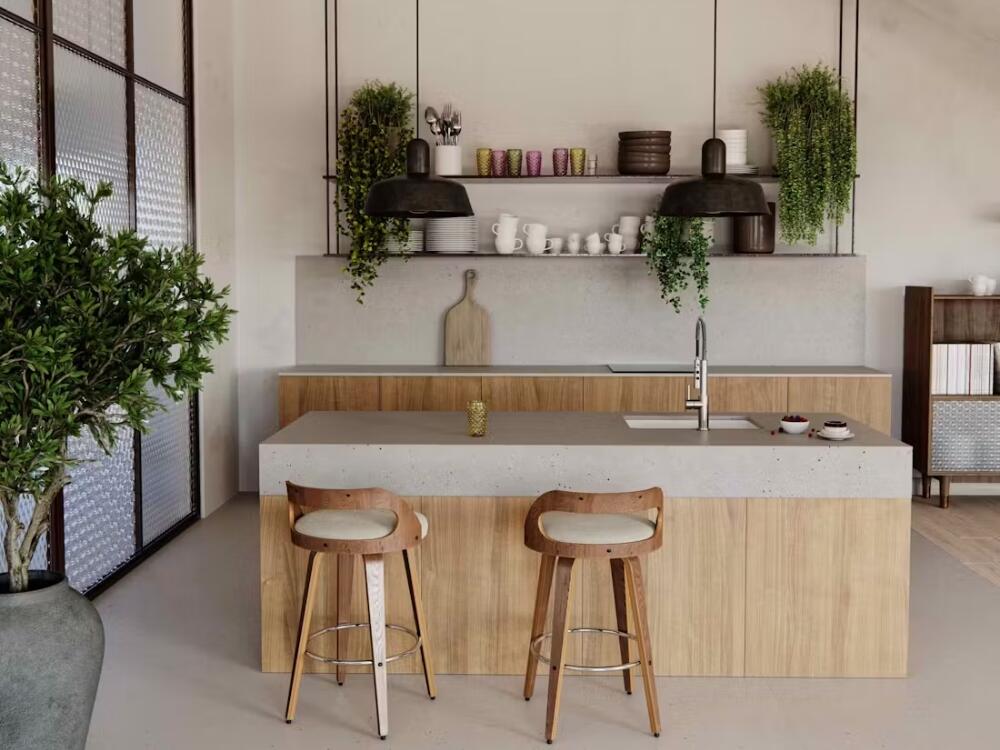 Không gian bếp liền mạch với đảo bếp đa năng mang lại sự tiện nghi và linh hoạt trong sử dụng