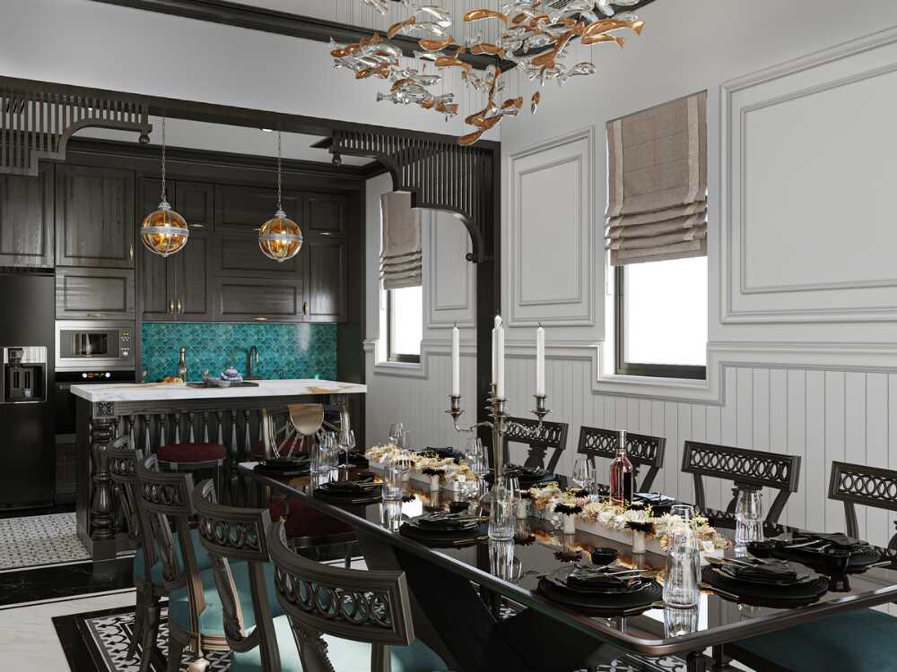 Không gian bếp thoáng sáng với cửa sổ lớn và gạch bông họa tiết mang nét truyền thống