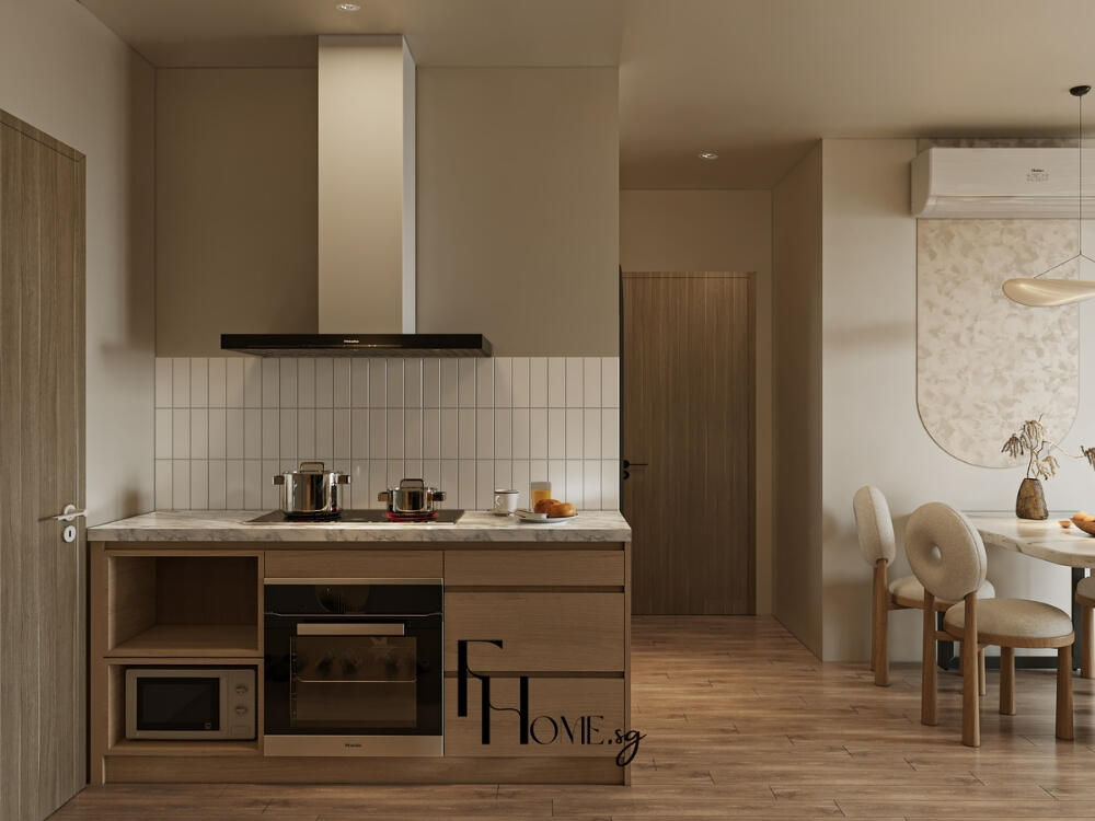 Không gian bếp tinh tế hài hòa với màu trắng kem be và điểm nhấn nhẹ nhàng