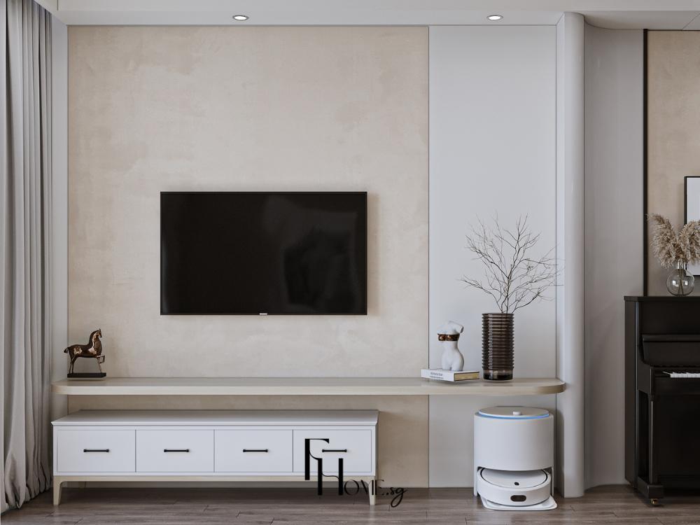 Không gian hiện đại với kệ tivi màu trung tính tôn lên đường nét tối giản và thanh lịch