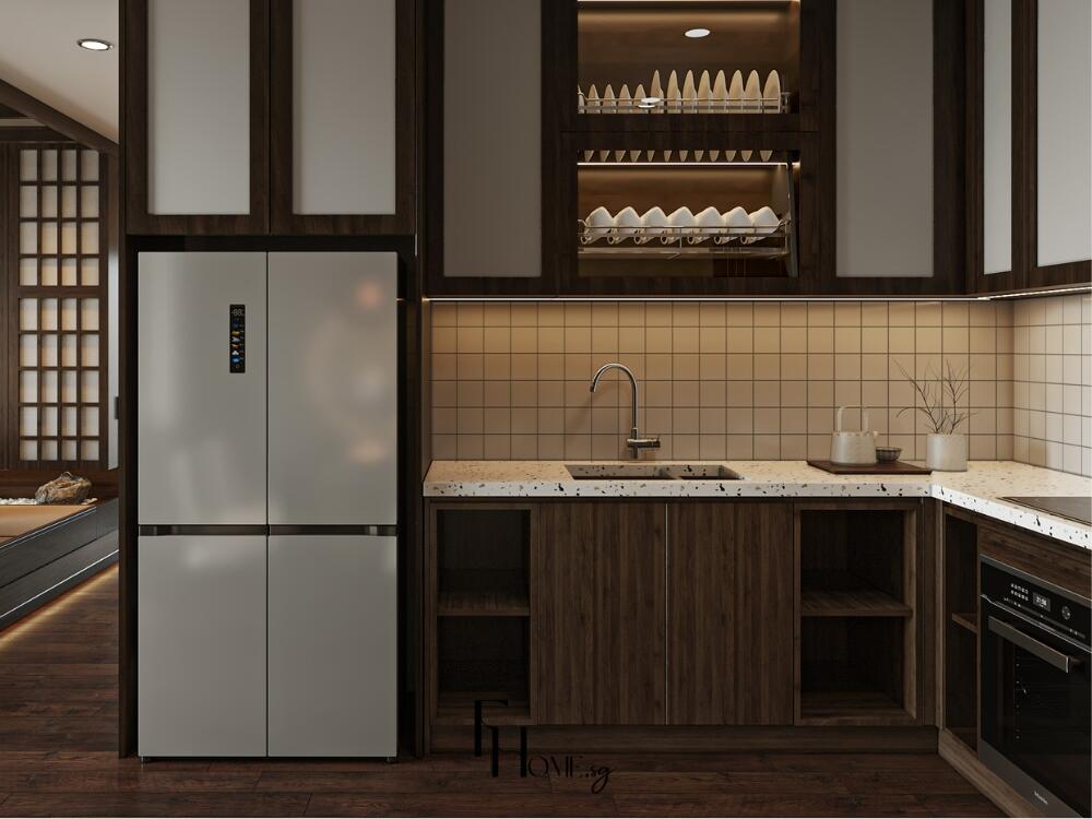 Không gian nấu nướng tối giản tận dụng ánh sáng tự nhiên tạo sự thư giãn và tập trung