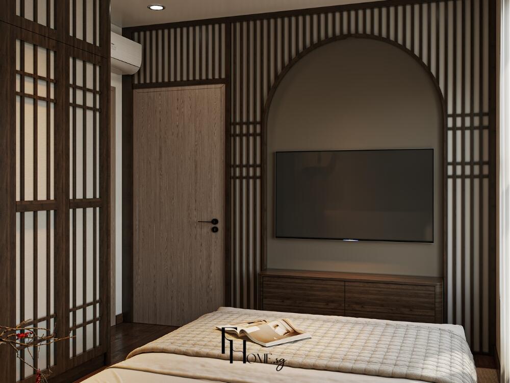 Không gian nghỉ ngơi hài hòa với tông xám nhạt và chất liệu gỗ sáng tự nhiên