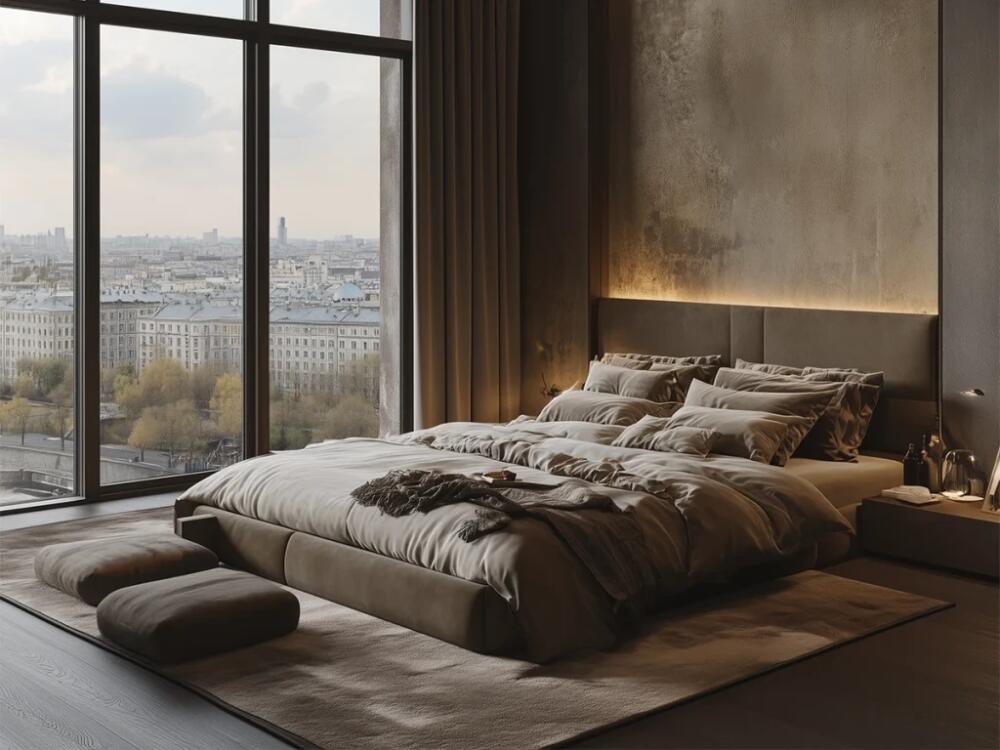 Không gian nghỉ ngơi mạnh mẽ kết hợp ánh sáng ấm và chất liệu vải lanh dày mộc mạc