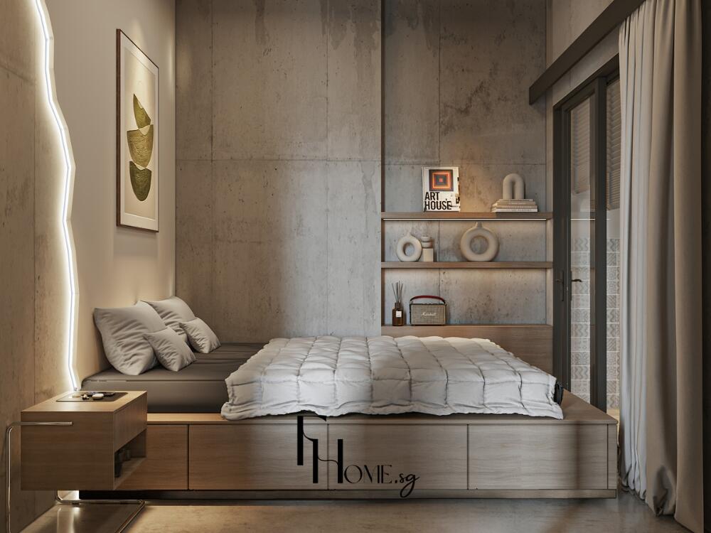 Không gian nghỉ ngơi mộc mạc với vải lanh dày và da sần tạo sự cân bằng với kết cấu bê tông