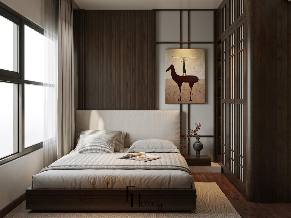 Không gian nghỉ ngơi thanh tịnh với ánh sáng ấm và nội thất gọn gàng tối giản