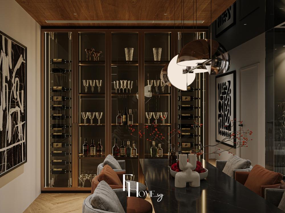 Không gian phòng ăn sang trọng, nổi bật với tủ rượu vang trưng bày cỡ lớn