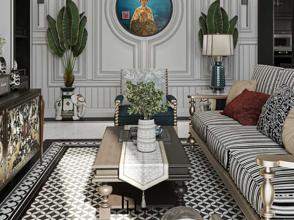 Không gian phòng khách hòa quyện giữa vật liệu tự nhiên và cây xanh tạo cảm giác thư thái hài hòa