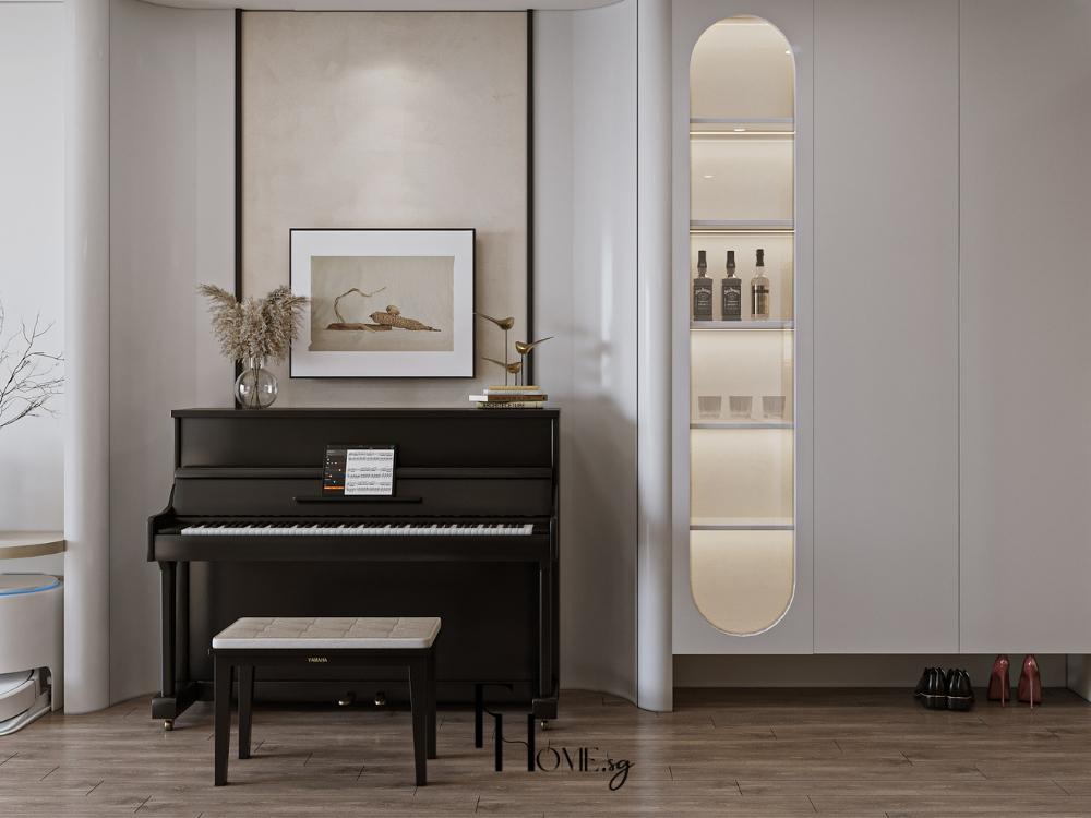 Không gian phòng khách nổi bật với piano thiết kế hiện đại tạo điểm nhấn nghệ thuật tinh tế