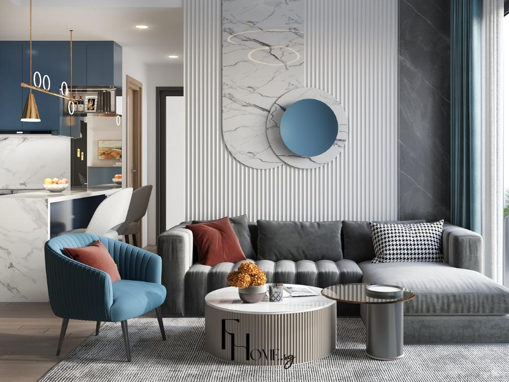 Không gian phòng khách thoáng đãng liên thông với bếp tạo cảm giác rộng mở tiện nghi