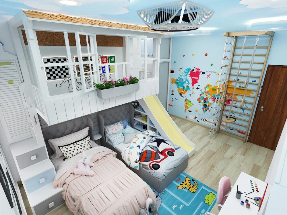 Không gian phòng ngủ đa năng tối ưu diện tích cho hai bé cùng sinh hoạt