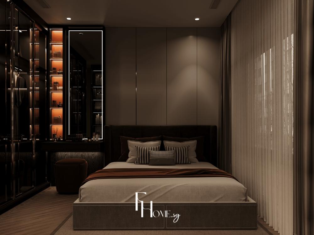 Không gian phòng ngủ master sang trọng, nổi bật với hệ tủ quần áo kính và bàn trang điểm