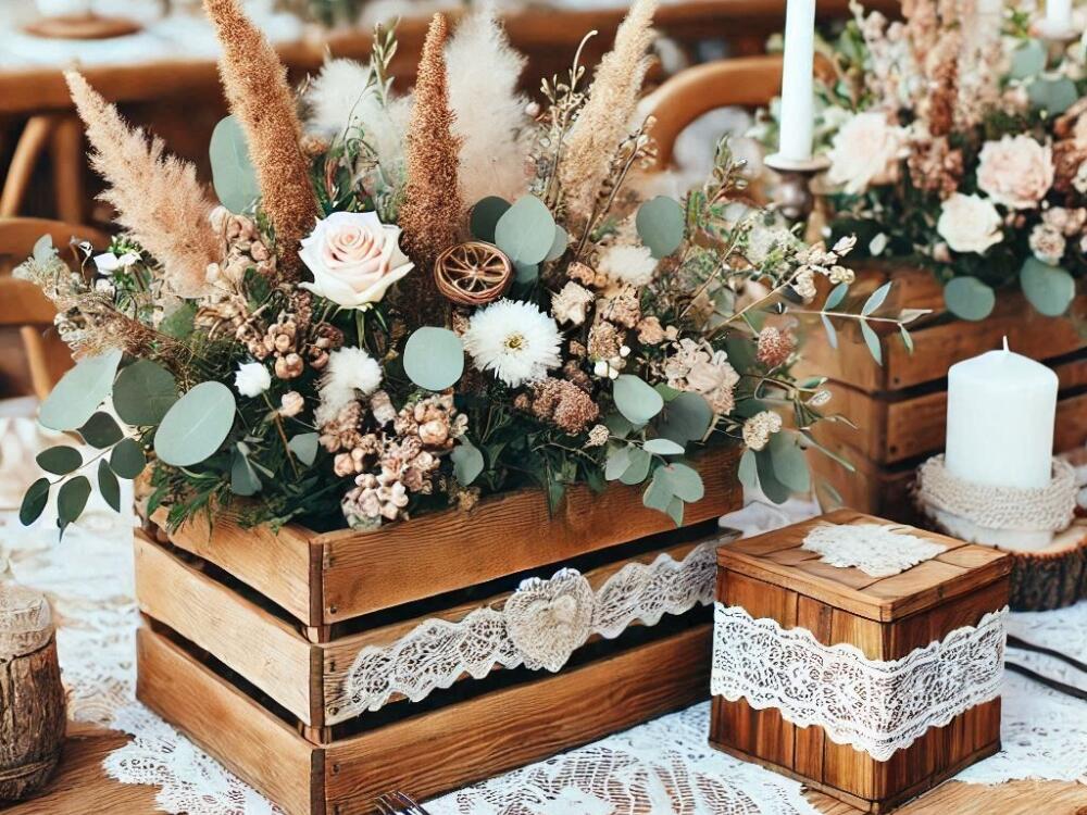 Không gian Rustic wedding lãng mạn với gam trắng be và gỗ sáng hài hòa tự nhiên