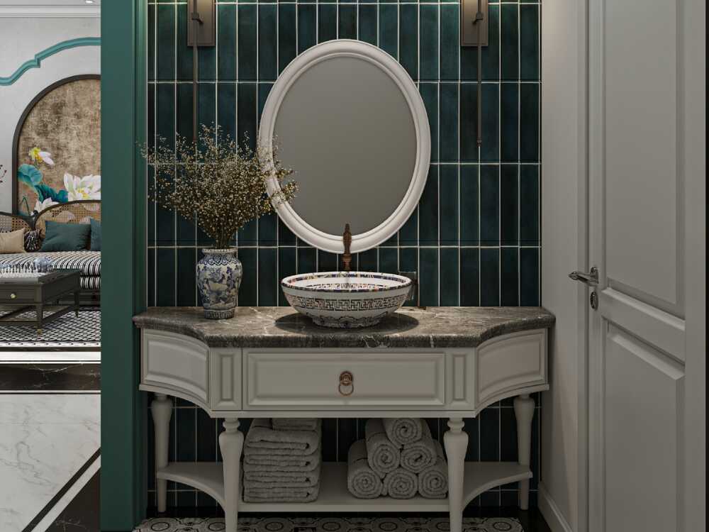 Không gian tắm sử dụng vật liệu tự nhiên như đá và gỗ chống ẩm tạo cảm giác gần gũi tinh tế