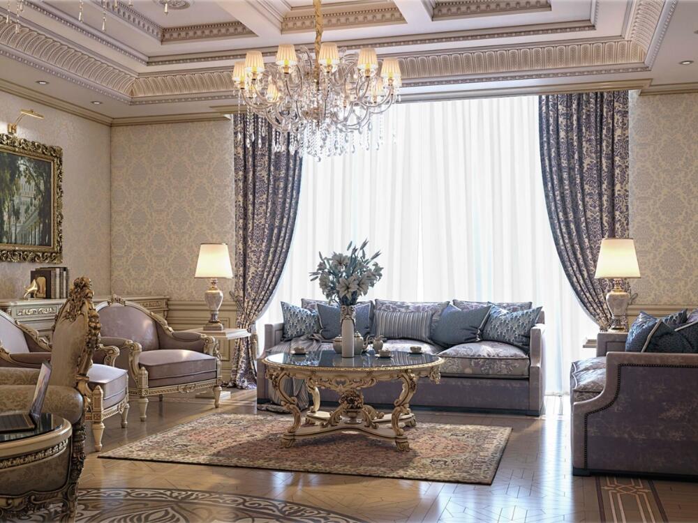 Không gian tiếp khách ấn tượng với chi tiết chạm khắc tinh tế và điểm nhấn kim loại cổ điển