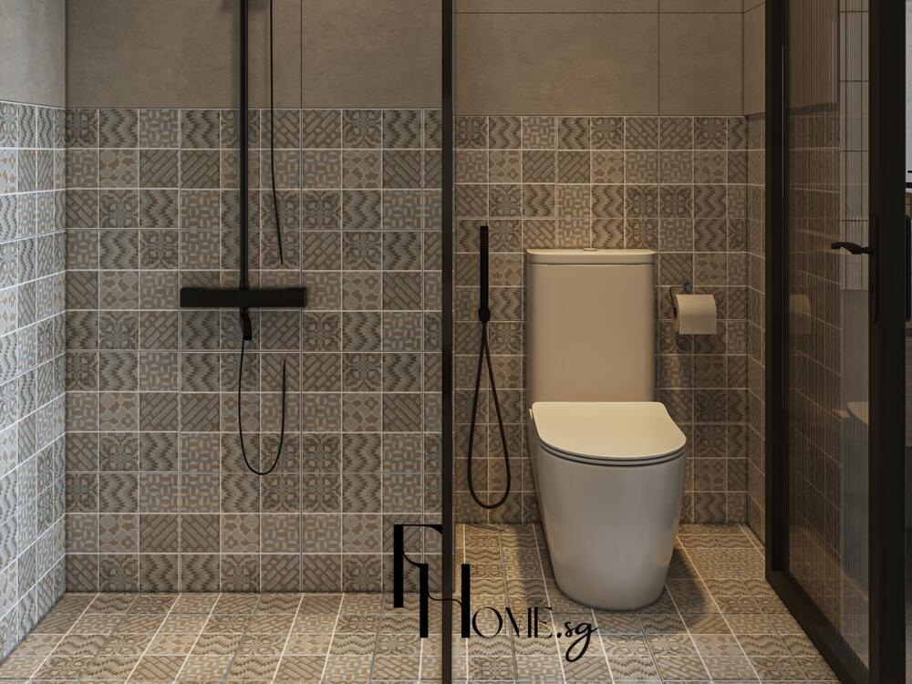 Không gian vệ sinh độc đáo với gạch thô chịu nước và phụ kiện kim loại màu đen tinh tế