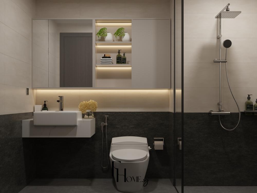 Không gian vệ sinh sạch sẽ với tông màu trung tính và gương lớn tăng cảm giác mở rộng