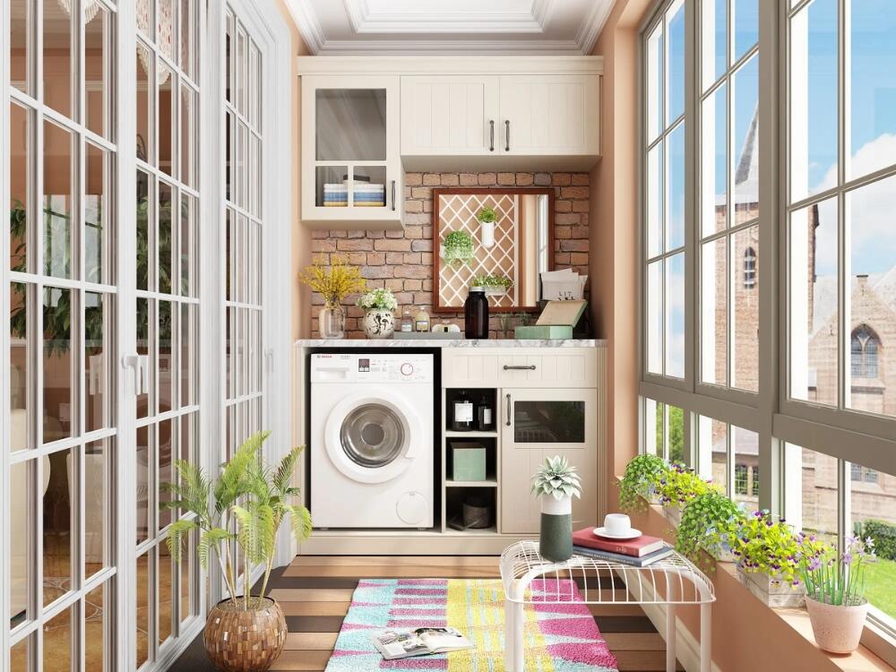 Khu giặt sấy bố trí gọn gàng giúp tối ưu không gian và giữ ban công luôn ngăn nắp