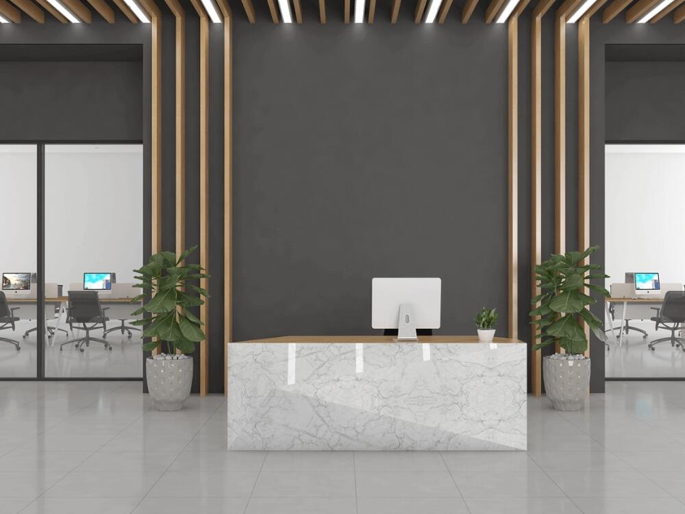 Khu vực lễ tân hiện đại sang trọng kết hợp ánh sáng điểm làm nổi bật thương hiệu