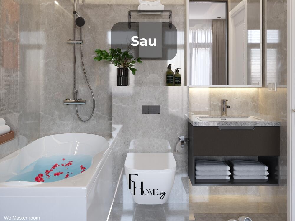 Khu vực vệ sinh hiện đại sạch sẽ với gạch chống trơn và thiết bị tiện nghi