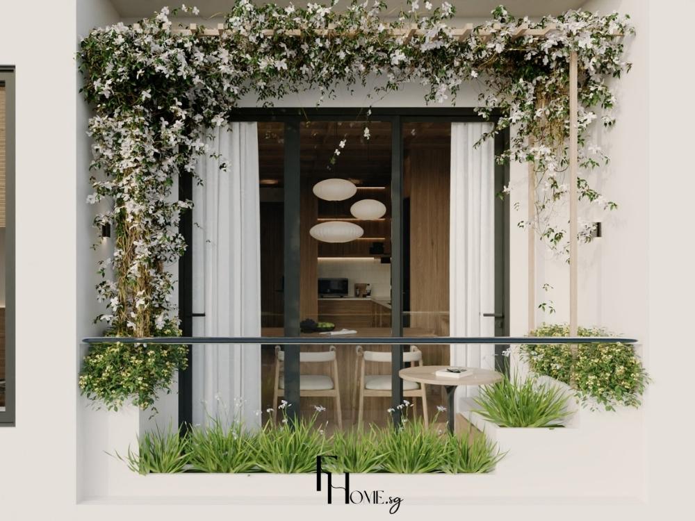 Logia được trang trí dàn hoa cùng rãnh cây xanh mang lại không khí thiên nhiên trong căn nhà