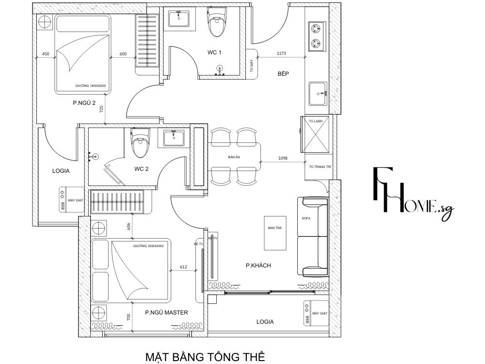 mặt bằng bản vẽ chung cư 2PN - 59m2 - phong cách hiện đại 