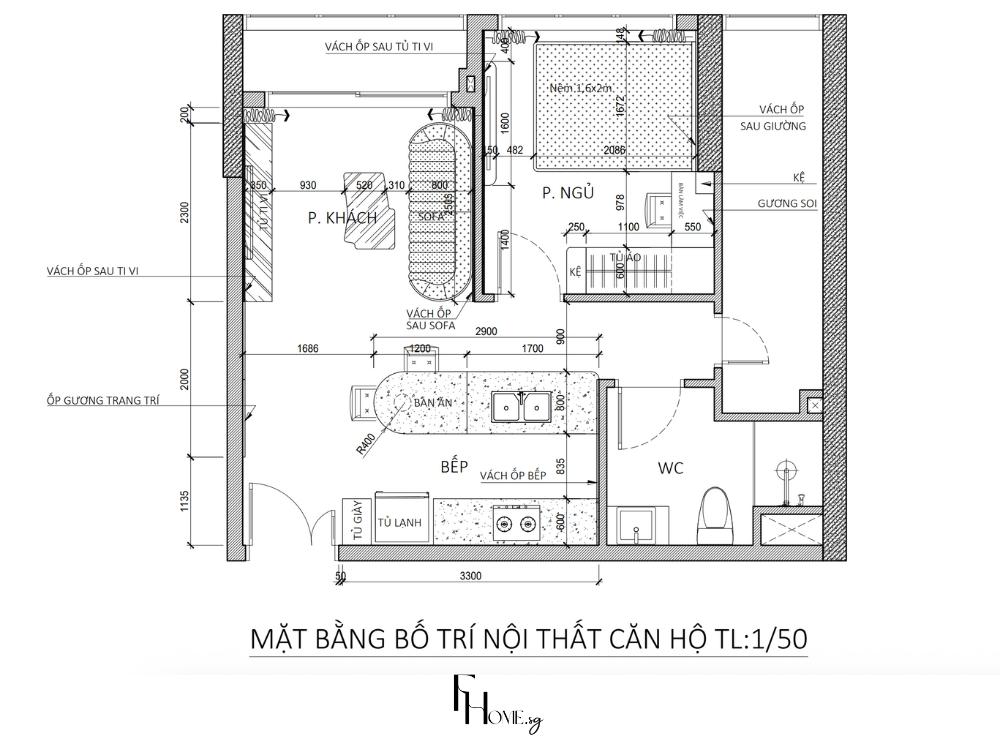 Mặt bằng bố trí nội thất căn hộ 1PN - 54m2 - Hiện đại - Lumiere Boulevard