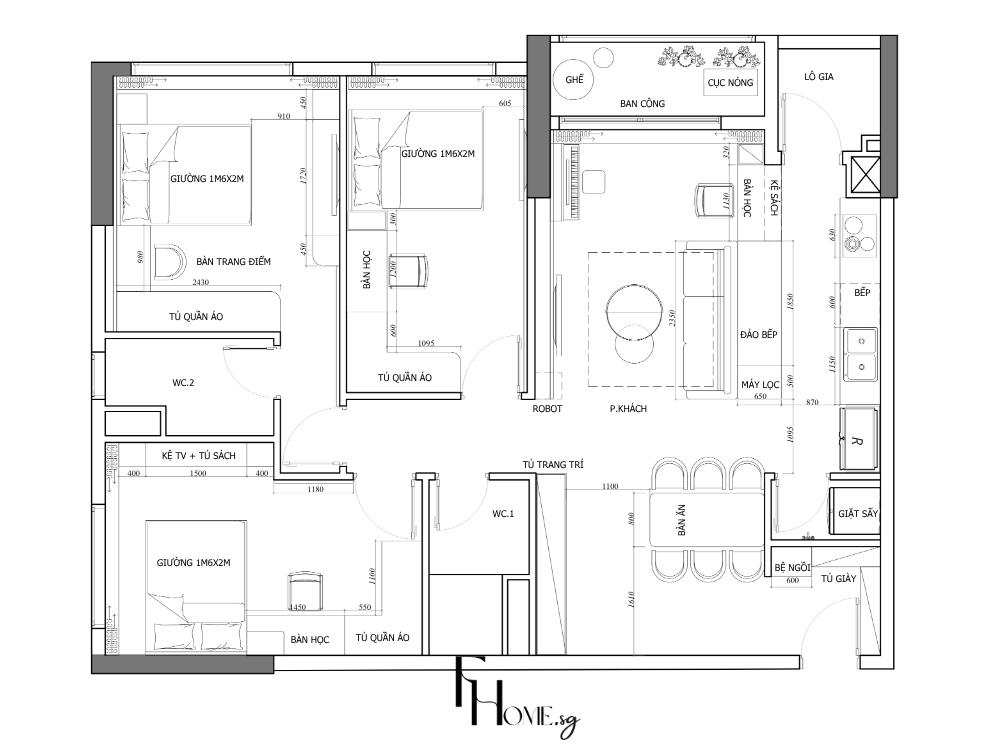 Mặt bằng chung cư 3PN - 109m2 theo phong cách luxury của dự án Golden Mansion
